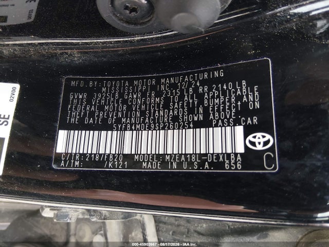 2025 Toyota Corolla Le მანქანა იყიდება აუქციონზე, vin: 5YFB4MDE9SP260254, აუქციონის ნომერი: 45902667