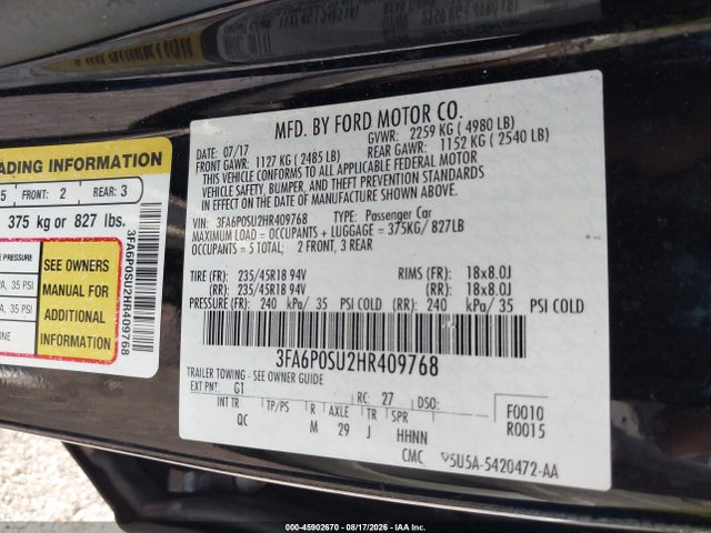 Aukcja sprzedaży 2017 Ford Fusion Energi Platinum, vin: 3FA6P0SU2HR409768, numer aukcji: 45902670