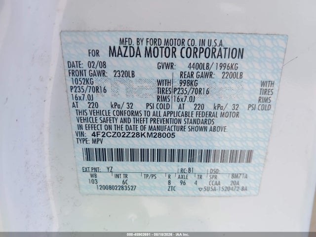 Продаж на аукціоні авто 2008 Mazda Tribute I Grand Touring, vin: 4F2CZ02Z28KM28005, номер лоту: 45902691
