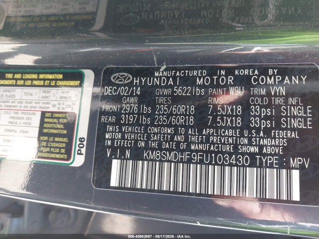 KM8SMDHF9FU103430 Hyundai Santa Fe Gls