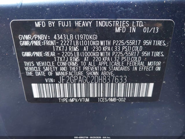 45902706 :رقم المزاد ، JF2GPAGC2DH837633 vin ، 2013 Subaru Xv Crosstrek 2.0i Limited مزاد بيع