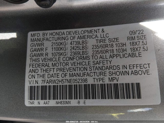 2022 Honda Cr-v Awd Ex მანქანა იყიდება აუქციონზე, vin: 7FARW2H57NE052398, აუქციონის ნომერი: 45902728