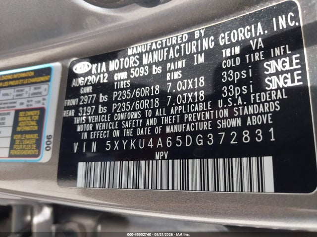 2013 Kia Sorento Ex მანქანა იყიდება აუქციონზე, vin: 5XYKU4A65DG372831, აუქციონის ნომერი: 45902740