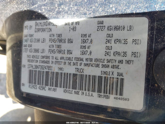 Продаж на аукціоні авто 2003 Dodge Dakota Sport/sxt, vin: 1D7HL38N73S247851, номер лоту: 45902746