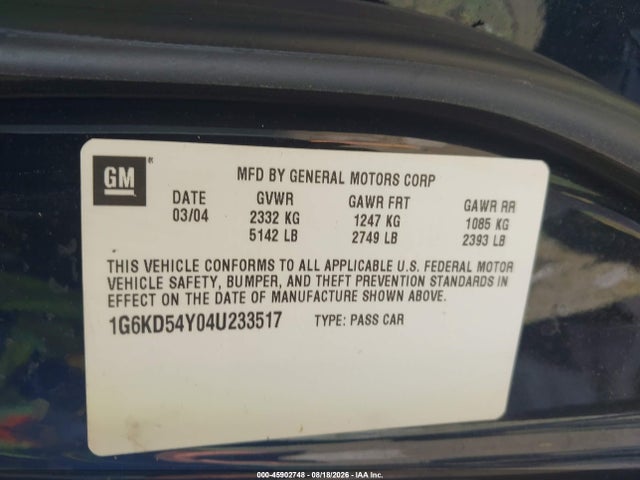 2004 Cadillac Deville მანქანა იყიდება აუქციონზე, vin: 1G6KD54Y04U233517, აუქციონის ნომერი: 45902748