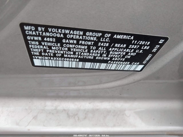 2014 Volkswagen Passat 2.0l Tdi Sel Premium მანქანა იყიდება აუქციონზე, vin: 1VWCN7A3XEC050536, აუქციონის ნომერი: 45902767