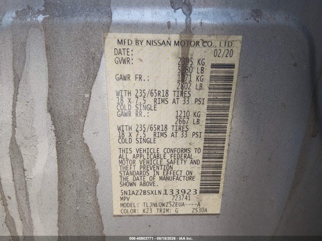45902771 :رقم المزاد ، 5N1AZ2BSXLN133923 vin ، 2020 Nissan Murano Sv Intelligent Awd مزاد بيع
