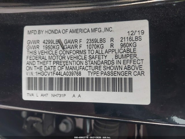 Продажа на аукционе авто 2020 Honda Accord Ex, vin: 1HGCV1F44LA039768, номер лота: 45902778