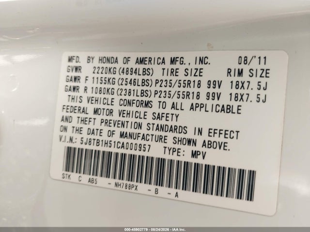Auction sale of the 2012 Acura Rdx, vin: 5J8TB1H51CA000957, lot number: 45902779