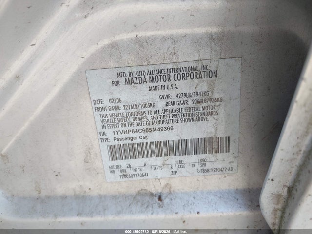 Продаж на аукціоні авто 2006 Mazda Mazda6 Sport I, vin: 1YVHP84C665M49366, номер лоту: 45902780
