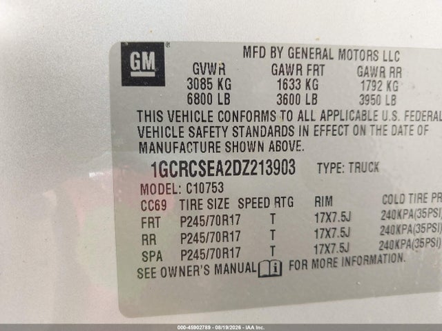 45902789 :رقم المزاد ، 1GCRCSEA2DZ213903 vin ، 2013 Chevrolet Silverado 1500 Lt مزاد بيع