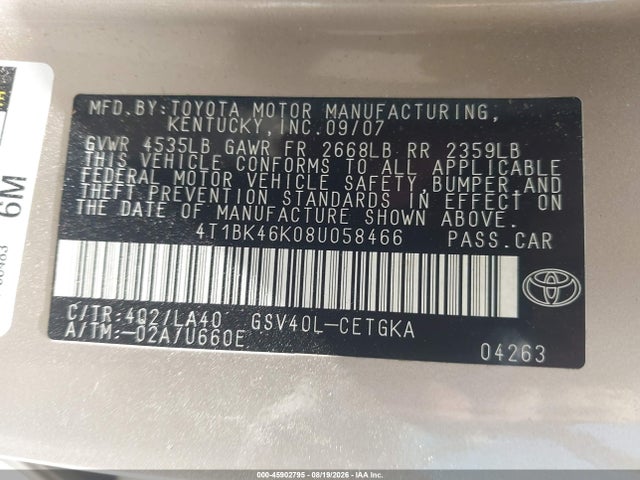 2008 Toyota Camry Xle V6 მანქანა იყიდება აუქციონზე, vin: 4T1BK46K08U058466, აუქციონის ნომერი: 45902795