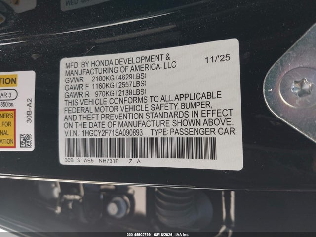 45902799 :رقم المزاد ، 1HGCY2F71SA090893 vin ، 2025 Honda Accord Hybrid Sport-l مزاد بيع