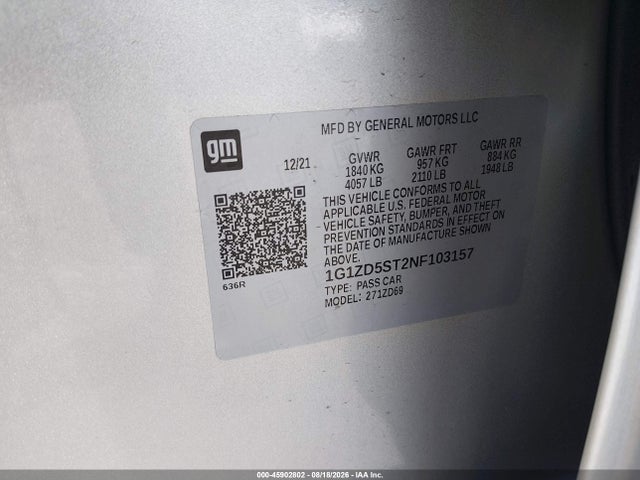 45902802 :رقم المزاد ، 1G1ZD5ST2NF103157 vin ، 2022 Chevrolet Malibu Fwd Lt مزاد بيع