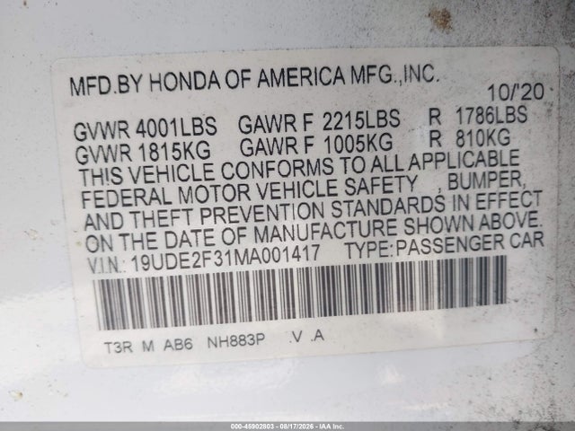 Продажа на аукционе авто 2021 Acura Ilx Standard, vin: 19UDE2F31MA001417, номер лота: 45902803