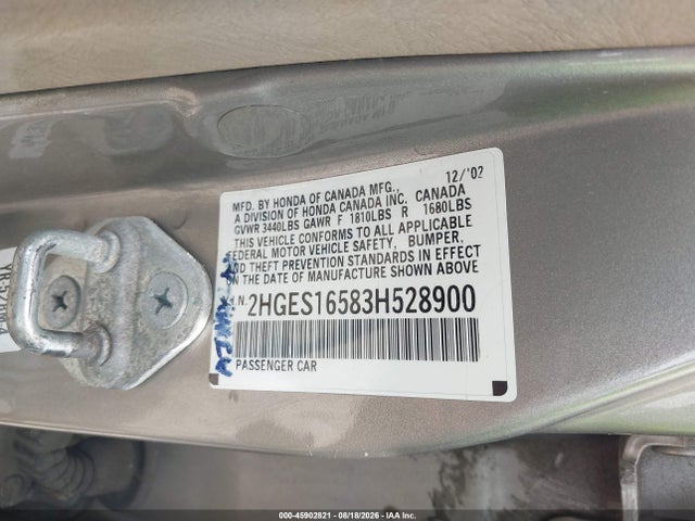 2003 Honda Civic Lx მანქანა იყიდება აუქციონზე, vin: 2HGES16583H528900, აუქციონის ნომერი: 45902821