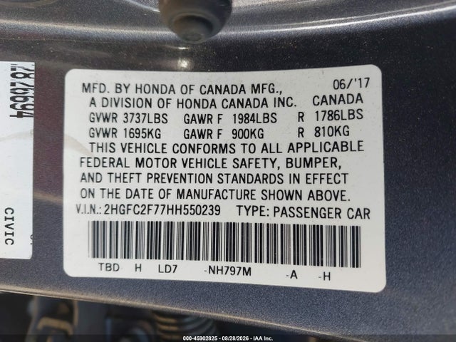 Продаж на аукціоні авто 2017 Honda Civic Ex, vin: 2HGFC2F77HH550239, номер лоту: 45902825