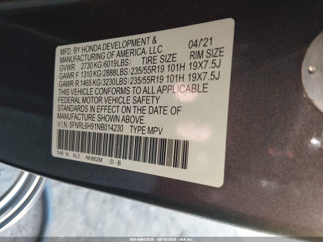 2022 Honda Odyssey Elite მანქანა იყიდება აუქციონზე, vin: 5FNRL6H91NB014230, აუქციონის ნომერი: 45902828