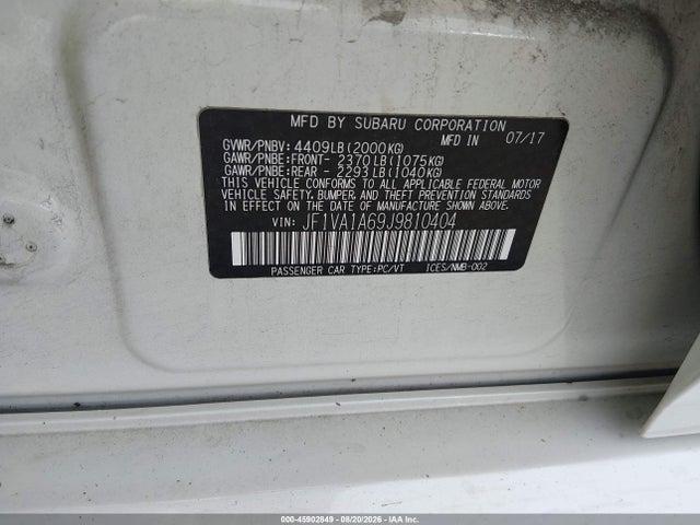 Продаж на аукціоні авто 2018 Subaru Wrx, vin: JF1VA1A69J9810404, номер лоту: 45902849