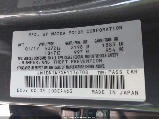 45902852 :رقم المزاد ، JM1BN1W3XH1136708 vin ، 2017 Mazda Mazda3 Grand Touring مزاد بيع