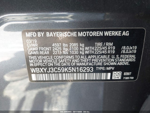 45902853 :رقم المزاد ، WBXYJ3C59K5N16293 vin ، 2019 Bmw X2 Sdrive28i مزاد بيع