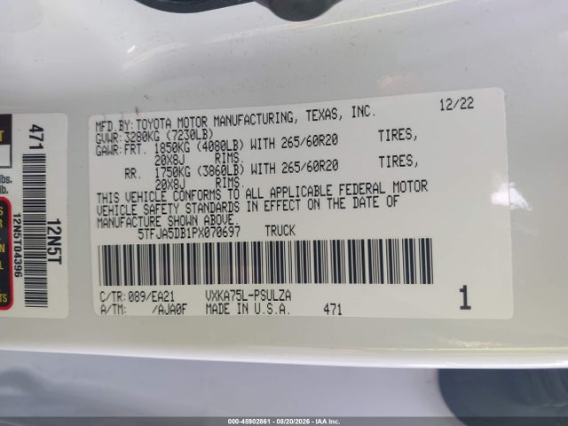 Aukcja sprzedaży 2023 Toyota Tundra Limited, vin: 5TFJA5DB1PX070697, numer aukcji: 45902861