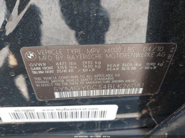 45902862 :رقم المزاد ، 5YMGY0C54BLK26081 vin ، 2011 Bmw X5 M مزاد بيع