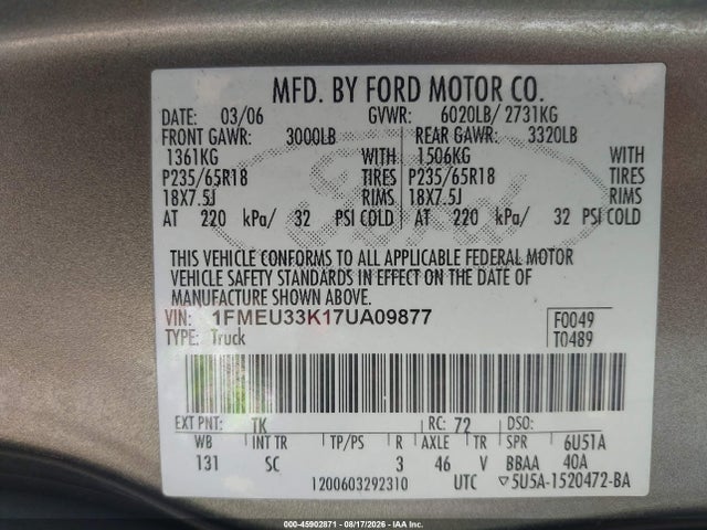 Продаж на аукціоні авто 2007 Ford Explorer Sport Trac Limited, vin: 1FMEU33K17UA09877, номер лоту: 45902871