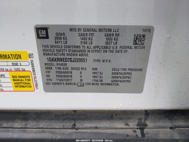 Auction sale of the 2016 Gmc Acadia Sle-1, vin: 1GKKRNED7GJ229551, lot number: 45902877