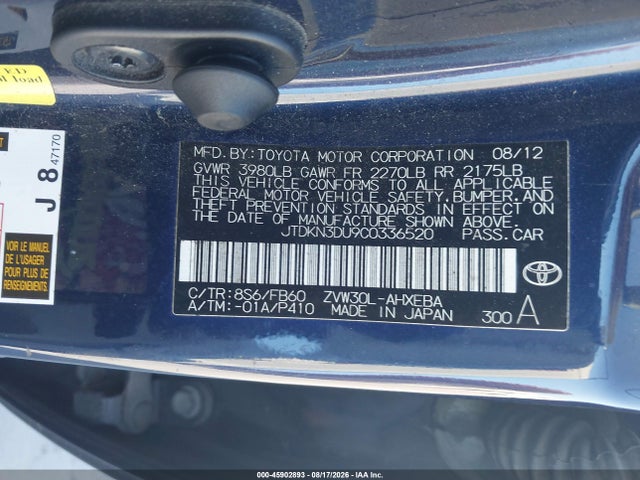 Aukcja sprzedaży 2012 Toyota Prius Two, vin: JTDKN3DU9C0336520, numer aukcji: 45902893