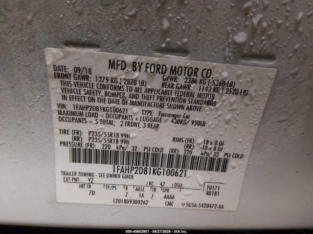 45902901 :رقم المزاد ، 1FAHP2D81KG100621 vin ، 2019 Ford Taurus Se مزاد بيع
