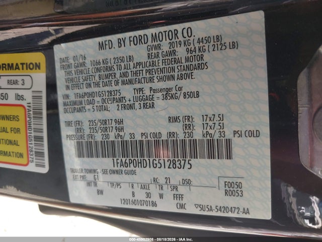 45902908 :رقم المزاد ، 1FA6P0HD1G5128375 vin ، 2016 Ford Fusion Se مزاد بيع