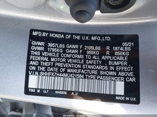 45902913 :رقم المزاد ، SHHFK7H44MU421584 vin ، 2021 Honda Civic Sport مزاد بيع