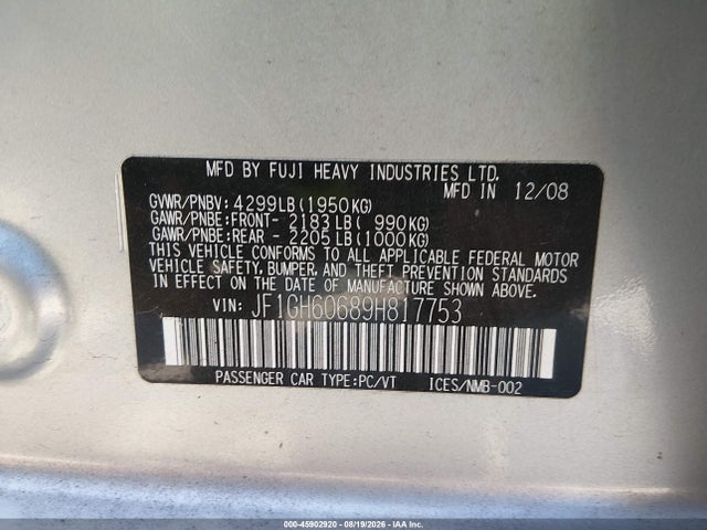 Продаж на аукціоні авто 2009 Subaru Impreza 2.5i, vin: JF1GH60689H817753, номер лоту: 45902920