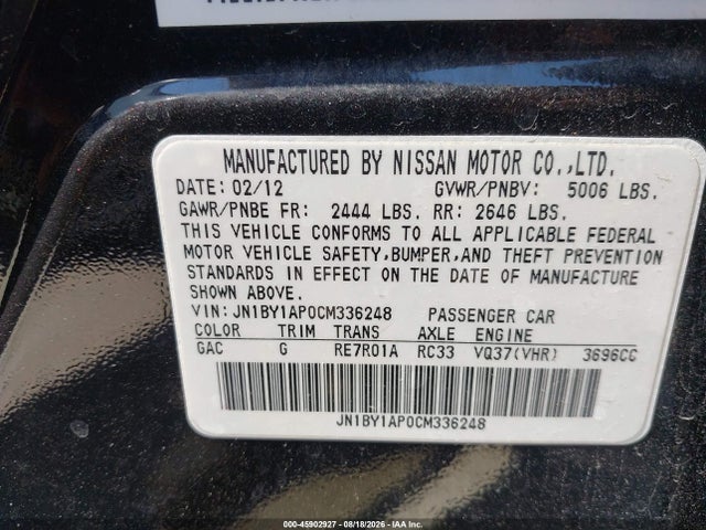 Aukcja sprzedaży 2012 Infiniti M37, vin: JN1BY1AP0CM336248, numer aukcji: 45902927