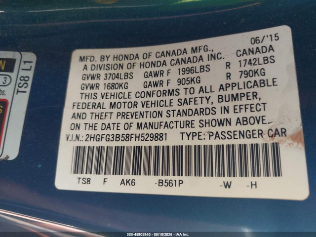 45902940 :رقم المزاد ، 2HGFG3B58FH529881 vin ، 2015 Honda Civic Lx مزاد بيع