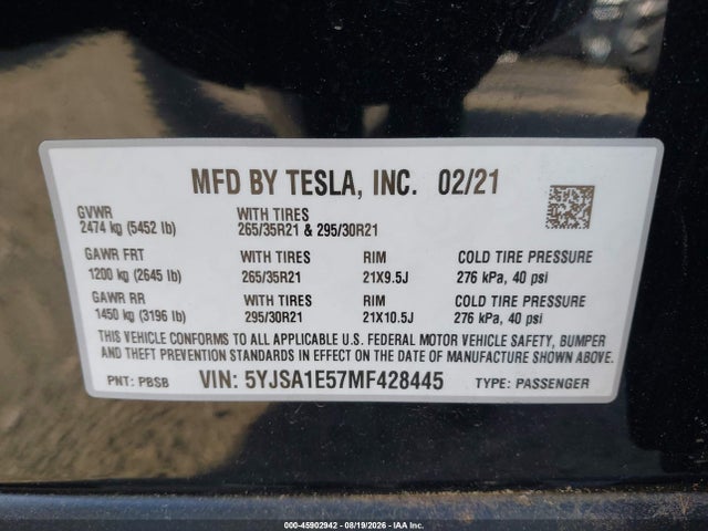 Tesla Model S Long Range Dual Motor All-wheel Drive 2021 5YJSA1E57MF428445 Image 9