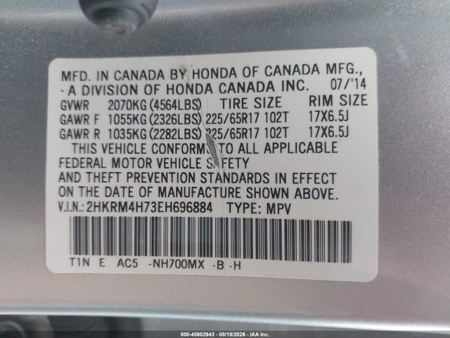 2HKRM4H73EH696884 Honda Cr-v Ex-l