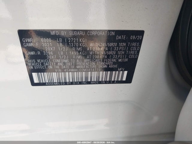 45902947 :رقم المزاد ، 4S4WMALD2M3414710 vin ، 2021 Subaru Ascent Limited مزاد بيع