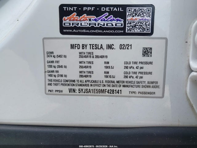 Aukcja sprzedaży 2021 Tesla Model S Long Range Dual Motor All-wheel Drive, vin: 5YJSA1E59MF428141, numer aukcji: 45902970