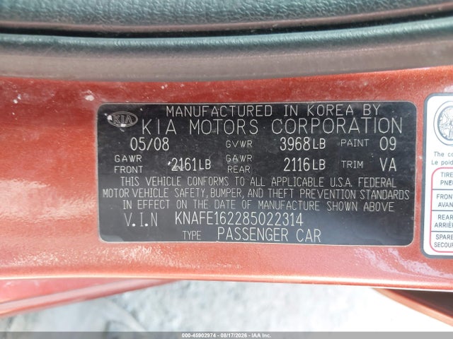 Aukcja sprzedaży 2008 Kia Spectra5 Sx, vin: KNAFE162285022314, numer aukcji: 45902974
