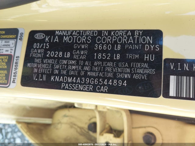 45902976 :رقم المزاد ، KNADM4A39G6544894 vin ، 2016 Kia Rio Lx مزاد بيع