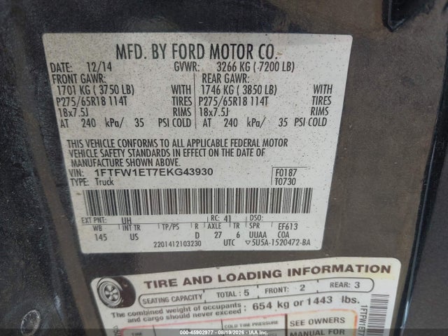 2014 Ford F-150 Xlt მანქანა იყიდება აუქციონზე, vin: 1FTFW1ET7EKG43930, აუქციონის ნომერი: 45902977