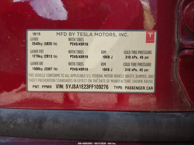 Aukcja sprzedaży 2015 Tesla Model S 70d/85d/p85d, vin: 5YJSA1E23FF109276, numer aukcji: 45902983