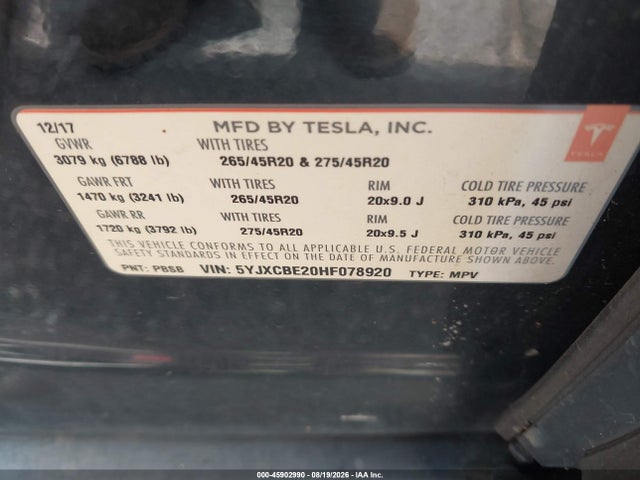 Aukcja sprzedaży 2017 Tesla Model X 100d/75d/90d, vin: 5YJXCBE20HF078920, numer aukcji: 45902990