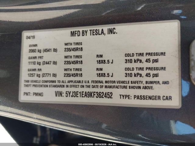 Aukcja sprzedaży 2019 Tesla Model 3 Long Range/mid Range/standard Range/standard Range Plus, vin: 5YJ3E1EA9KF362452, numer aukcji: 45902996