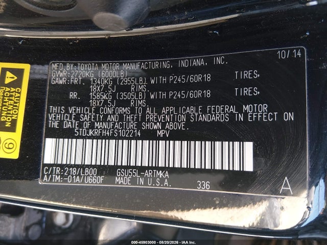 Aukcja sprzedaży 2015 Toyota Highlander Xle V6, vin: 5TDJKRFH4FS102214, numer aukcji: 45903000