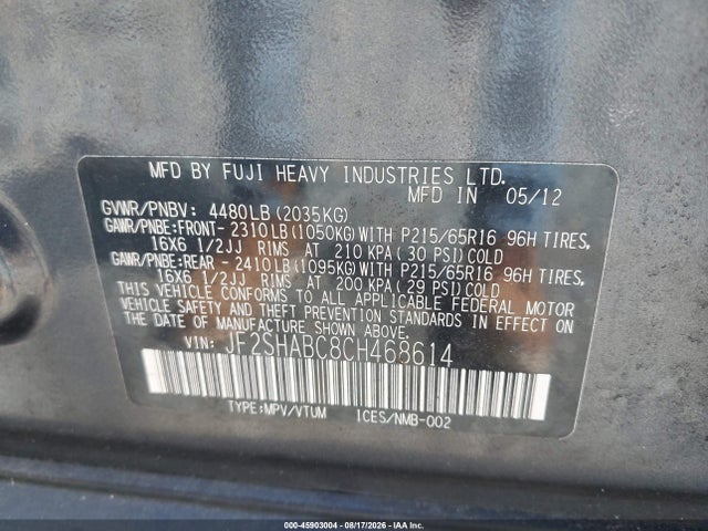 2012 Subaru Forester 2.5x მანქანა იყიდება აუქციონზე, vin: JF2SHABC8CH468614, აუქციონის ნომერი: 45903004