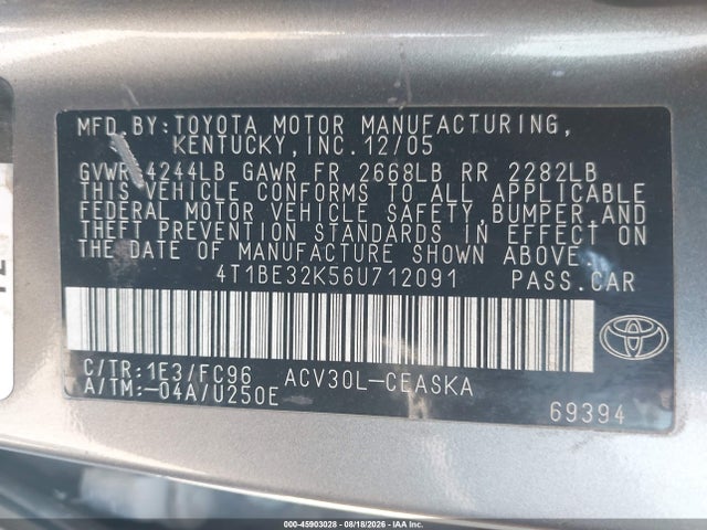 Продаж на аукціоні авто 2006 Toyota Camry Se, vin: 4T1BE32K56U712091, номер лоту: 45903028