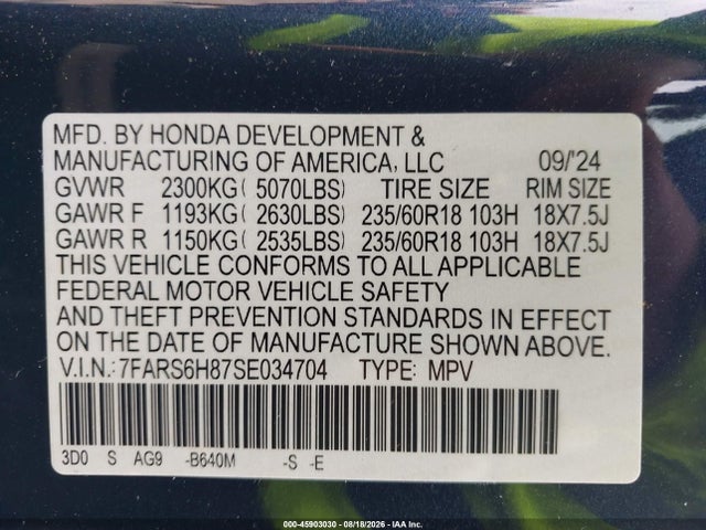 45903030 :رقم المزاد ، 7FARS6H87SE034704 vin ، 2025 Honda Cr-v Hybrid Sport-l مزاد بيع
